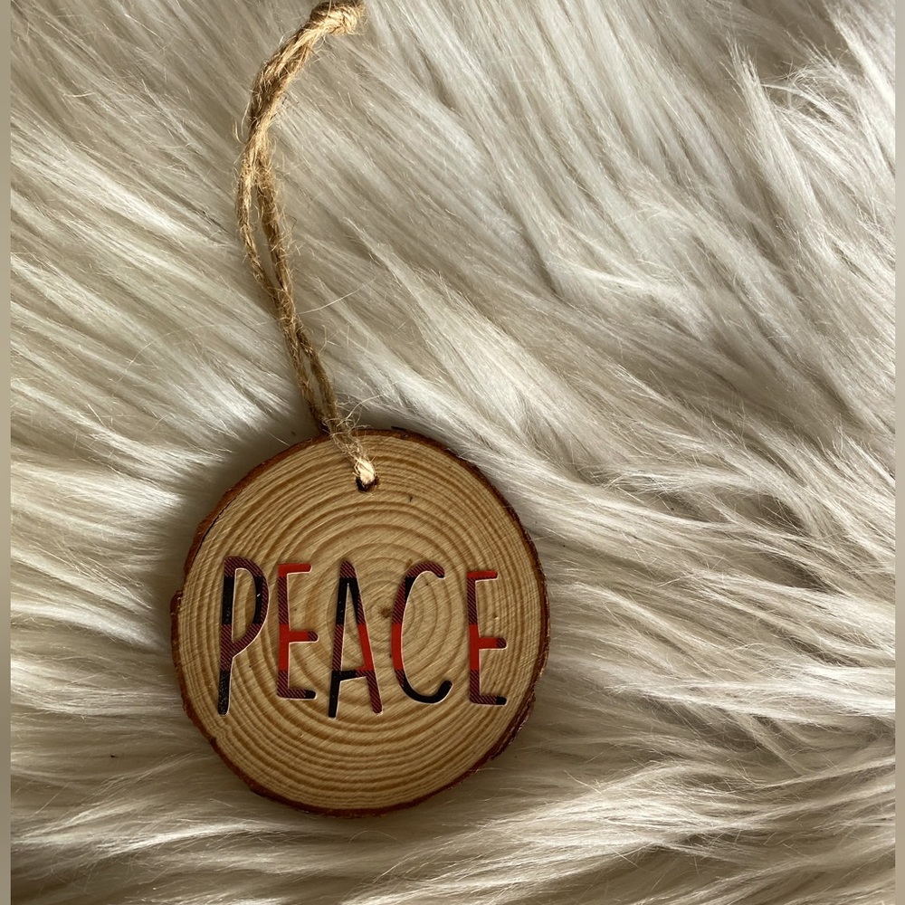 Peace Christmas ornament red plaid lettering gift